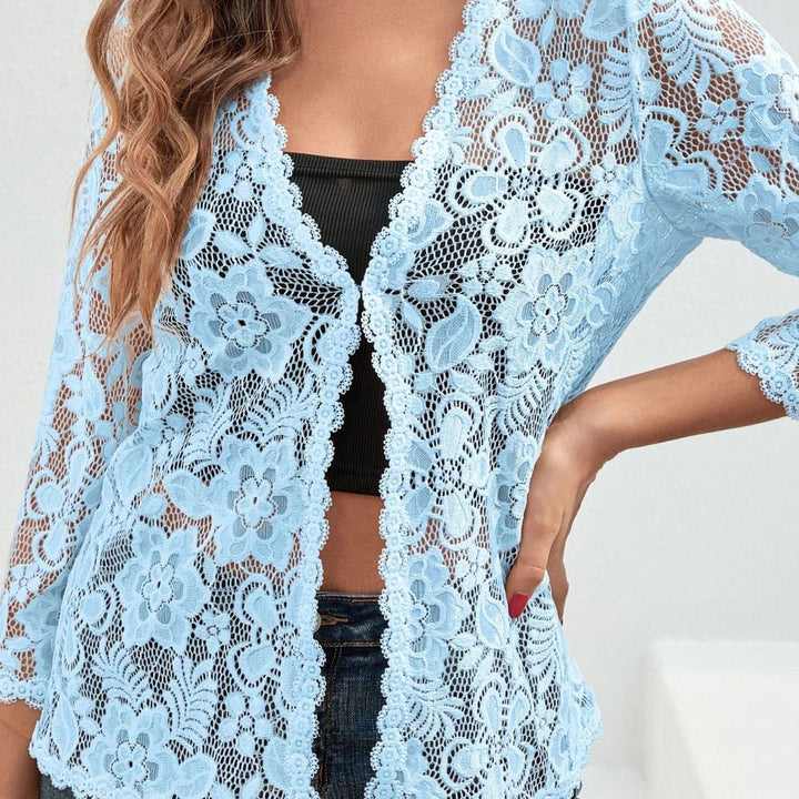 Women's Floral Lace Open-Front Cardigan - Light Blue