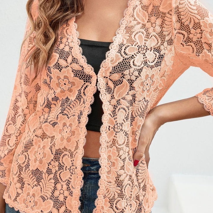 Women's Floral Lace Open-Front Cardigan - Orange-Red