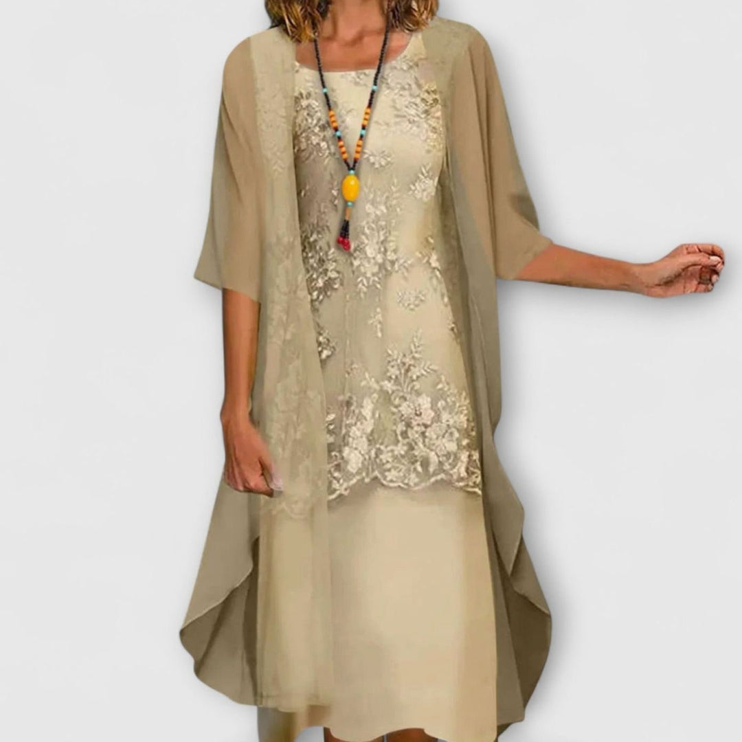 Women's Floral Lace Two-Piece Wide Sleeve Midi Dress - Yellow
