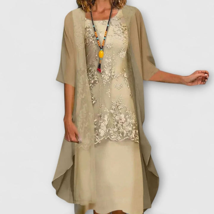 Women's Floral Lace Two-Piece Wide Sleeve Midi Dress - Yellow