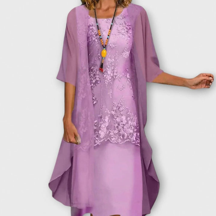 Women's Floral Lace Two-Piece Wide Sleeve Midi Dress - Purple
