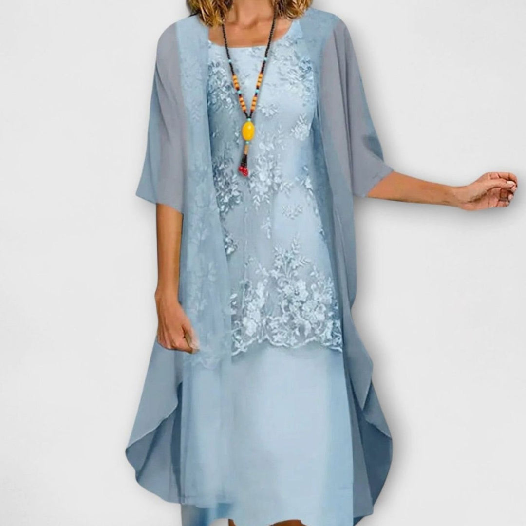 Women's Floral Lace Two-Piece Wide Sleeve Midi Dress - Sky Blue
