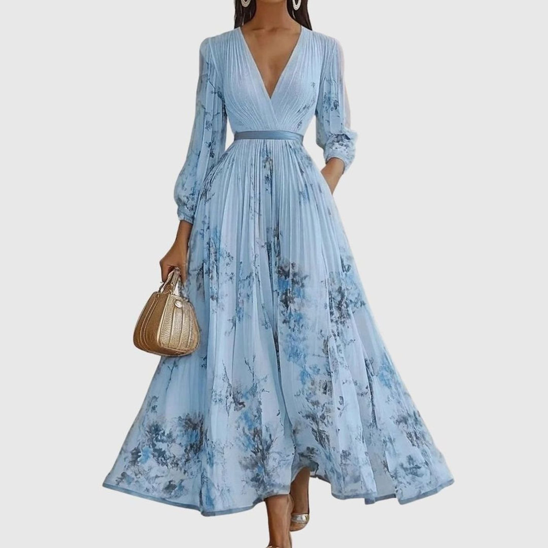 Women's Floral Pleated V-Neck Long-Sleeve Maxi Dress - Blue
