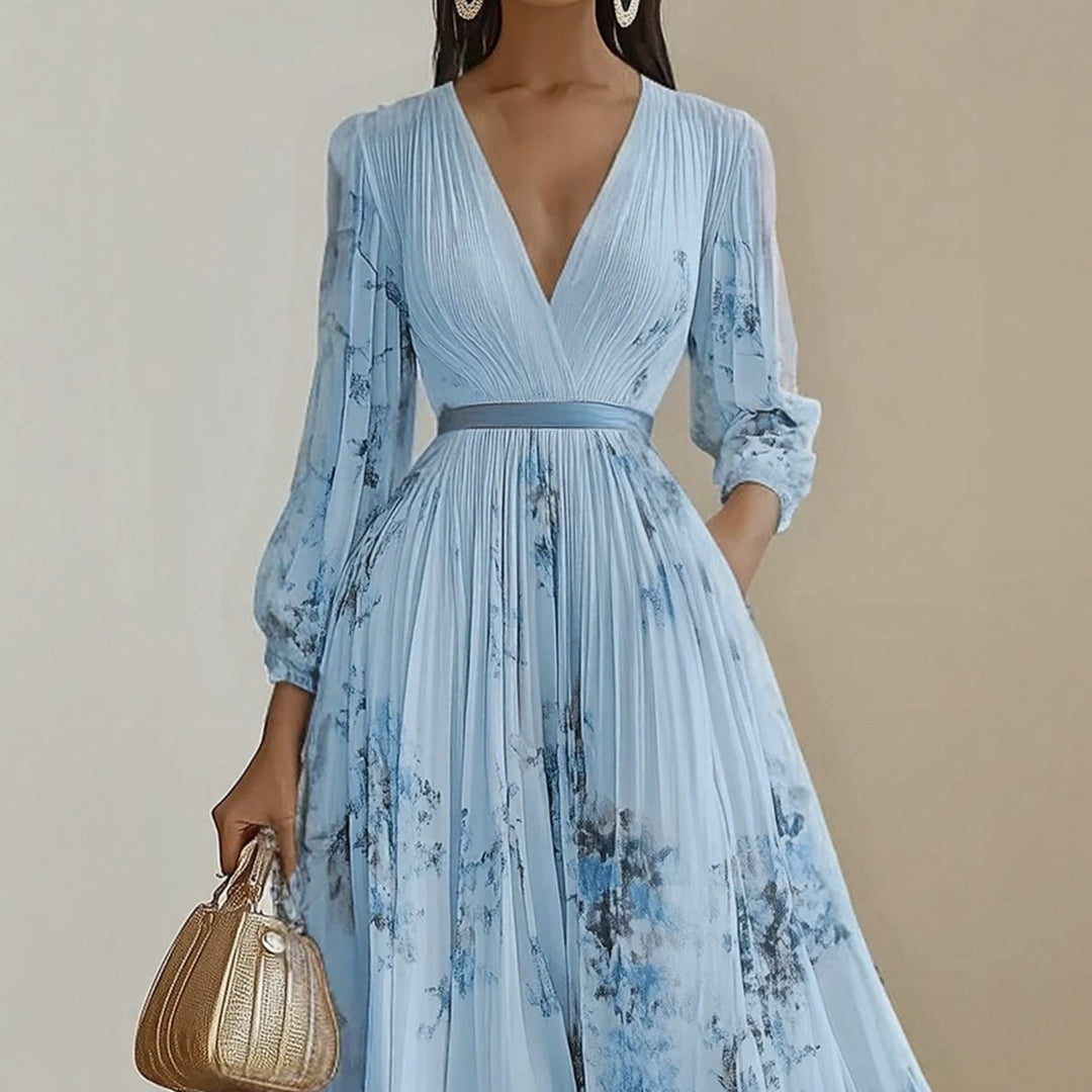 Women's Floral Pleated V-Neck Long-Sleeve Maxi Dress