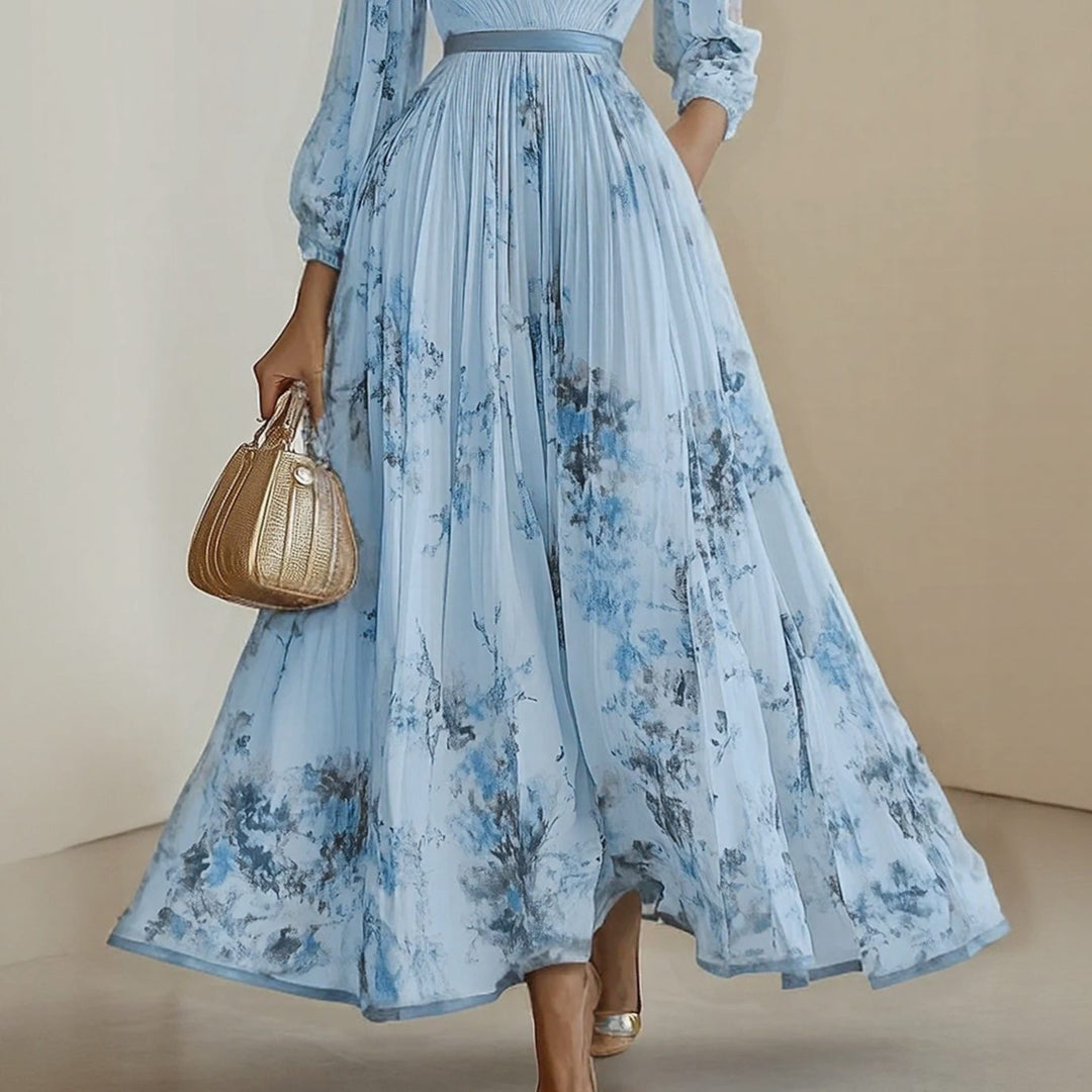 Women's Floral Pleated V-Neck Long-Sleeve Maxi Dress
