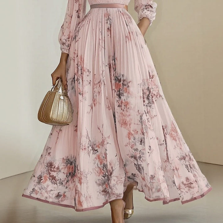 Women's Floral Pleated V-Neck Long-Sleeve Maxi Dress