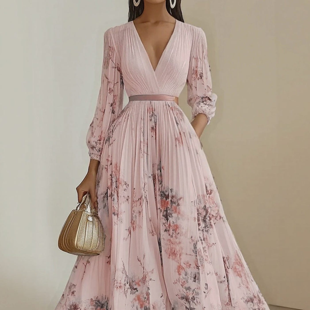 Women's Floral Pleated V-Neck Long-Sleeve Maxi Dress