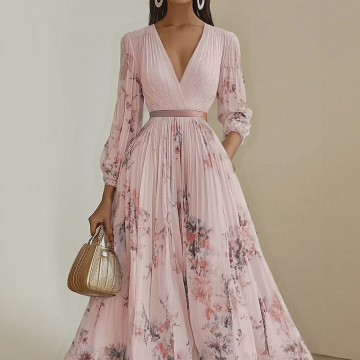 Women's Floral Pleated V-Neck Long-Sleeve Maxi Dress