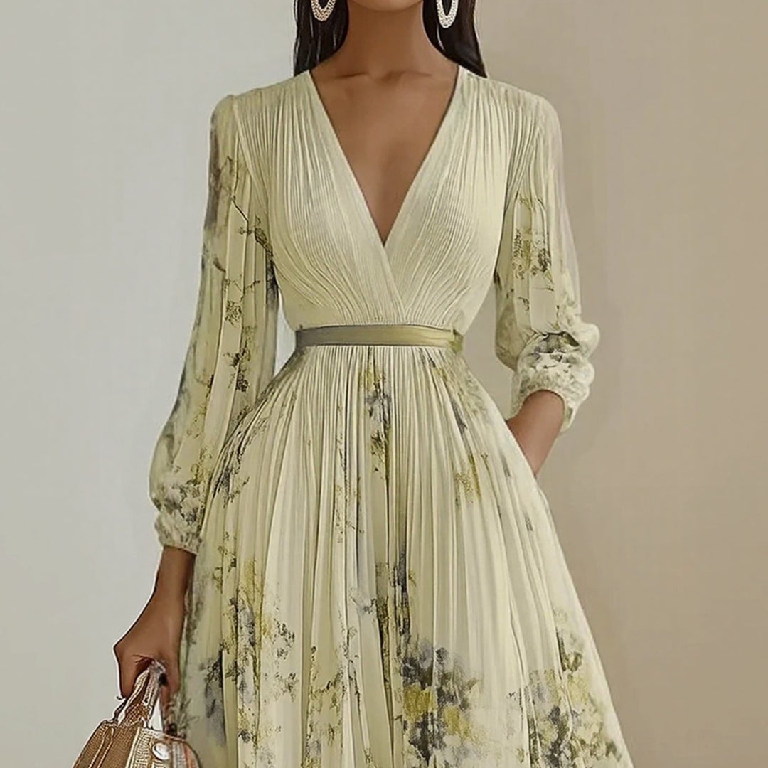 Women's Floral Pleated V-Neck Long-Sleeve Maxi Dress