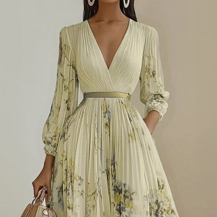 Women's Floral Pleated V-Neck Long-Sleeve Maxi Dress
