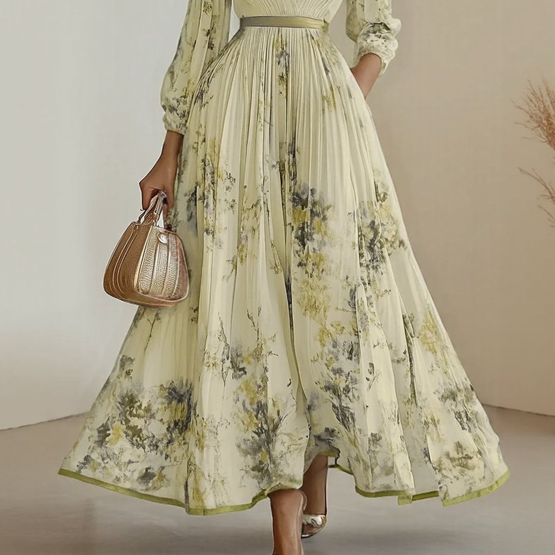 Women's Floral Pleated V-Neck Long-Sleeve Maxi Dress