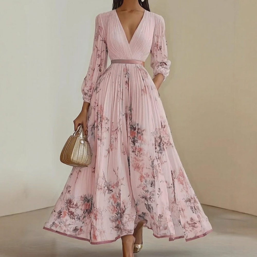 Women's Floral Pleated V-Neck Long-Sleeve Maxi Dress - Pink