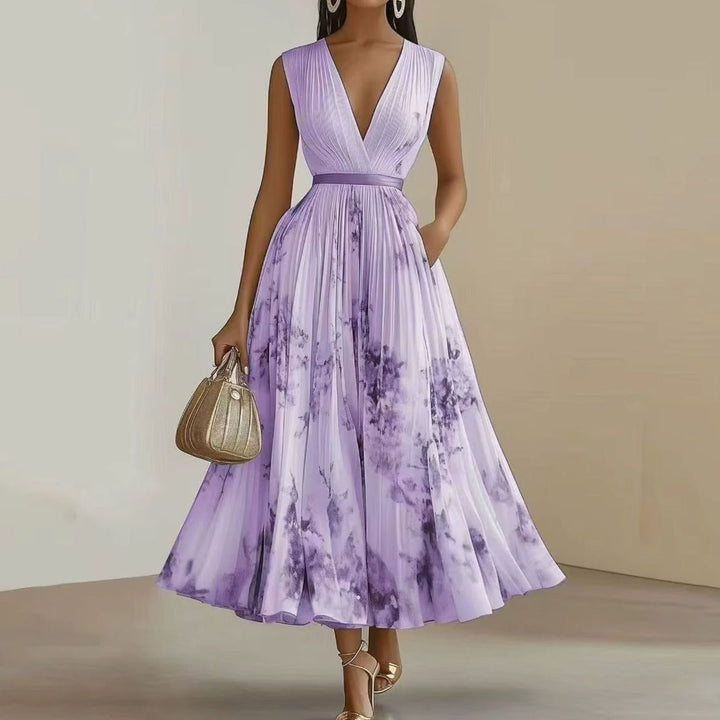 Women's Floral Pleated V-Neck Long-Sleeve Maxi Dress - Purple
