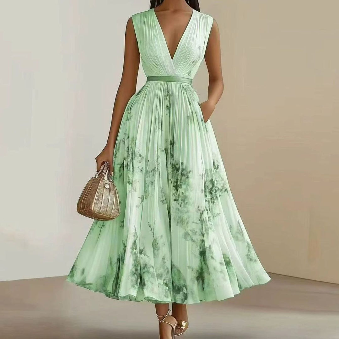 Women's Floral Pleated V-Neck Long-Sleeve Maxi Dress - Green