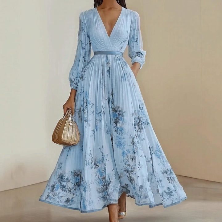 Women's Floral Pleated V-Neck Long-Sleeve Maxi Dress