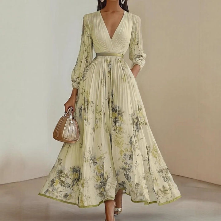 Women's Floral Pleated V-Neck Long-Sleeve Maxi Dress - Yellow