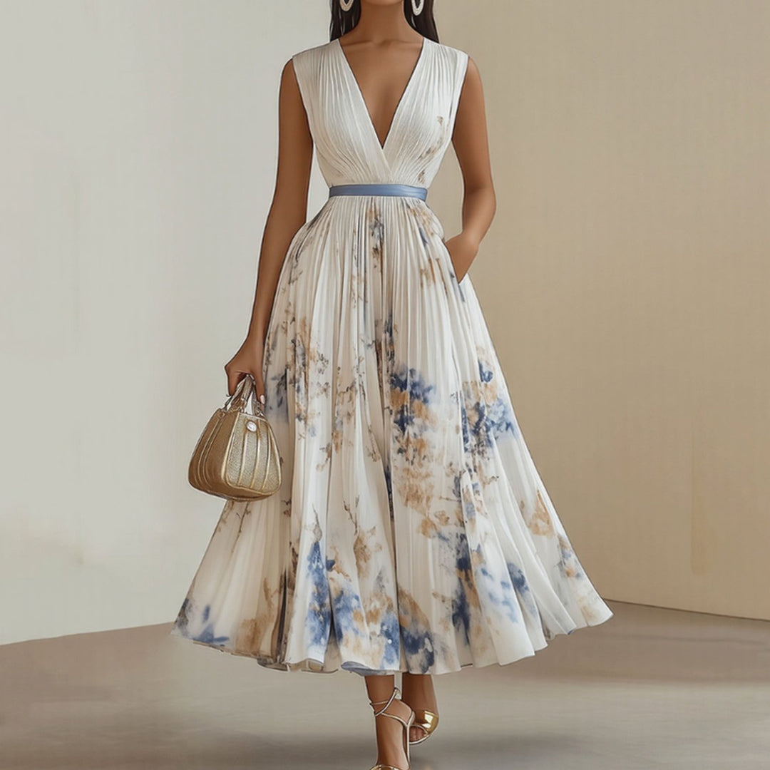 Women's Floral Pleated V-Neck Long-Sleeve Maxi Dress - White