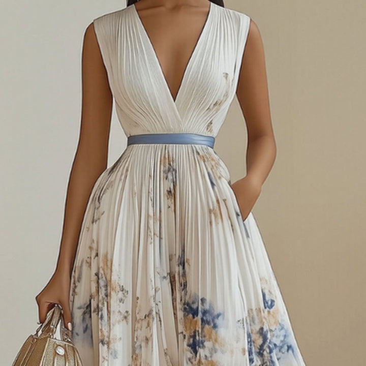 Women's Floral Pleated V-Neck Long-Sleeve Maxi Dress