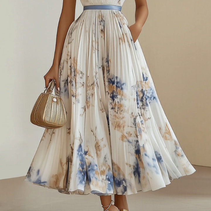 Women's Floral Pleated V-Neck Long-Sleeve Maxi Dress