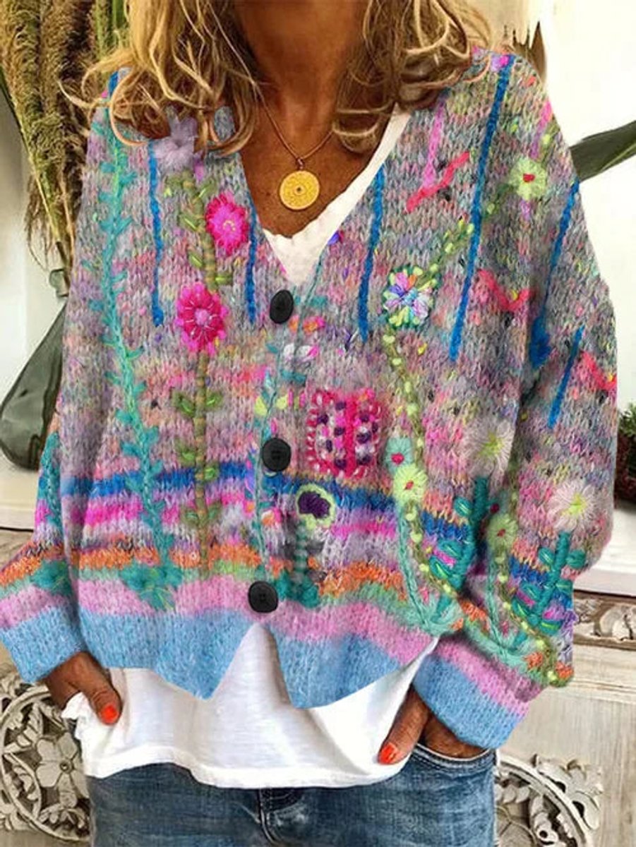 Women's Floral Printed Button-Up Knit-Look Cardigan - Gray
