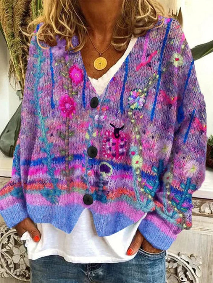 Women's Floral Printed Button-Up Knit-Look Cardigan