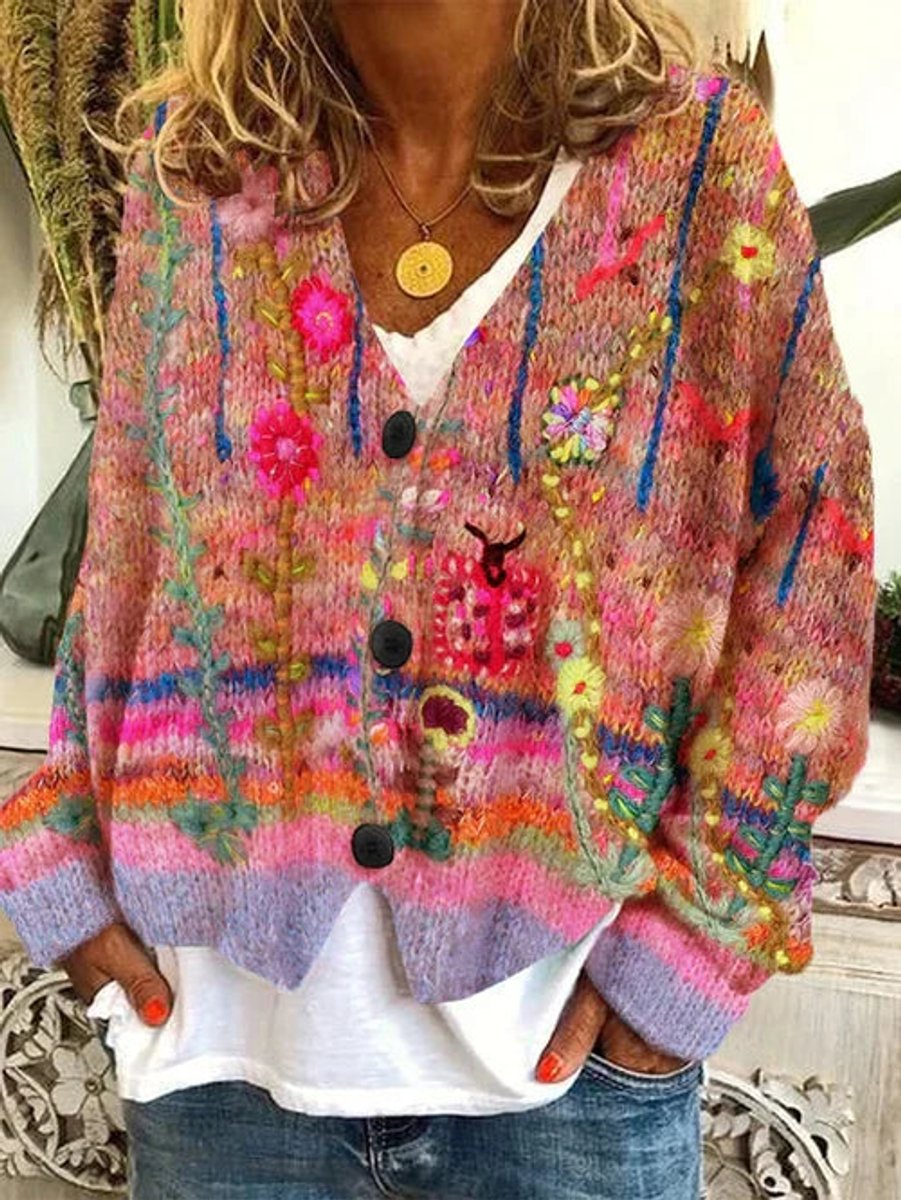 Women's Floral Printed Button-Up Knit-Look Cardigan - Orange