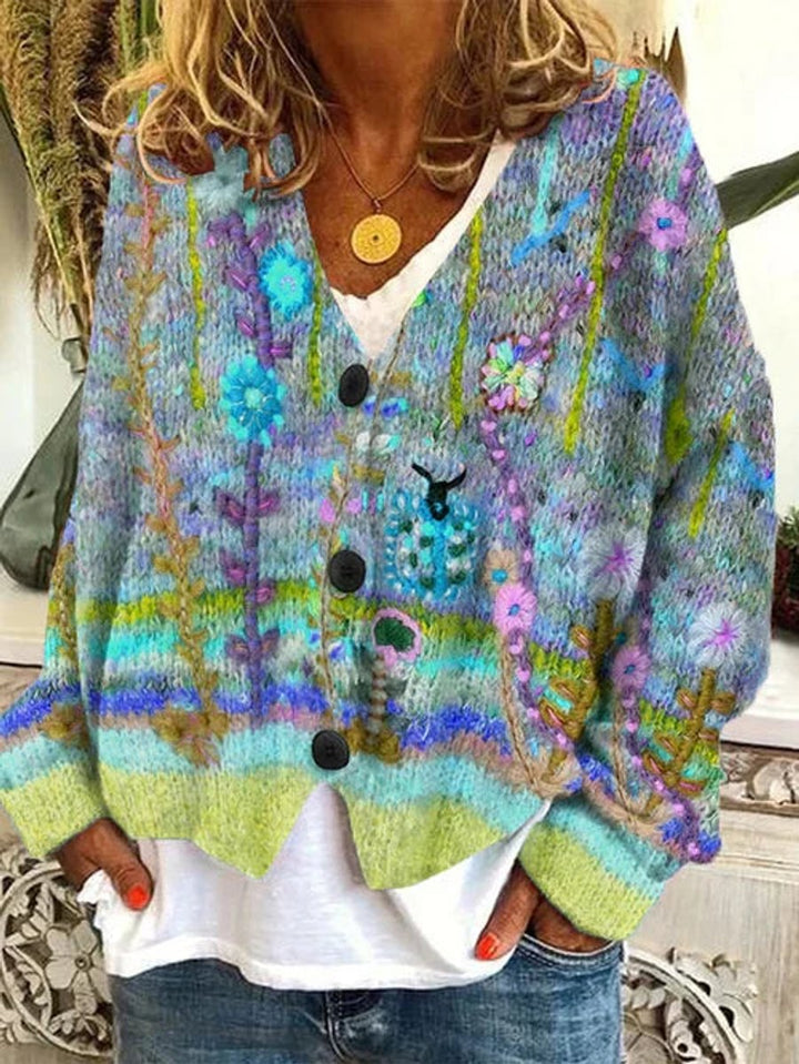 Women's Floral Printed Button-Up Knit-Look Cardigan - Blue