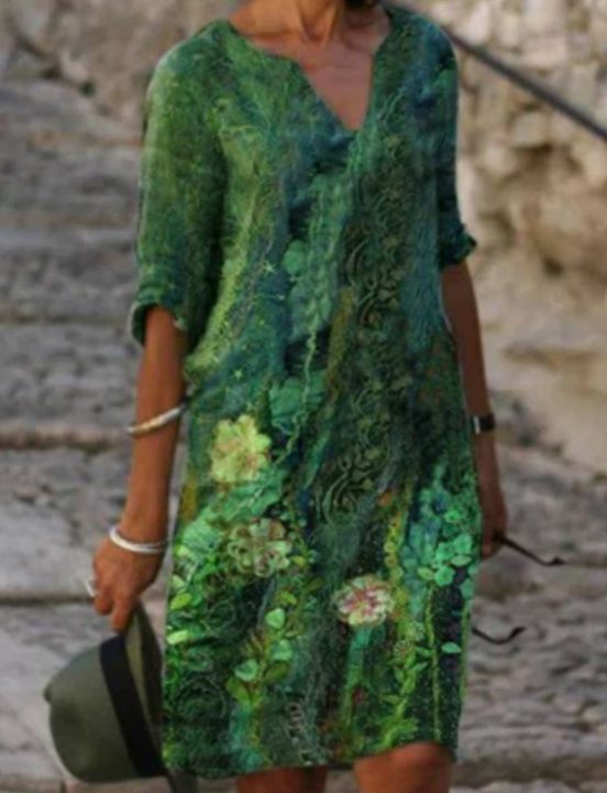 Women's Floral V-Neck Loose-Fit Green Midi Dress - Green