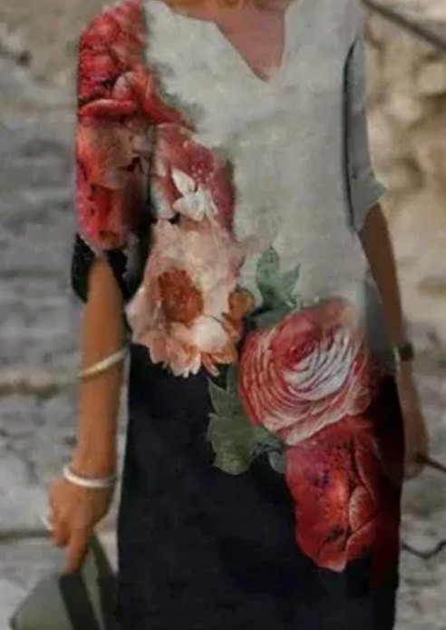 Women's Floral V-Neck Loose-Fit Green Midi Dress - Red
