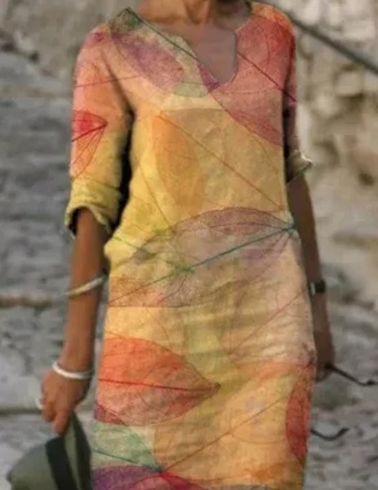 Women's Floral V-Neck Loose-Fit Green Midi Dress - Orange 2