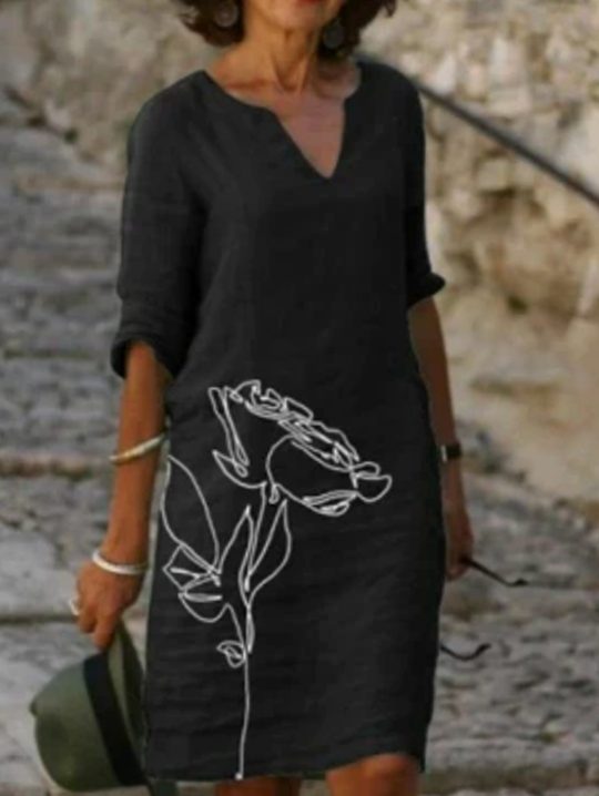 Women's Floral V-Neck Loose-Fit Green Midi Dress - Black