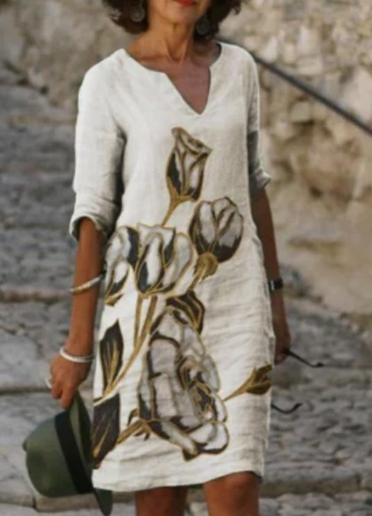 Women's Floral V-Neck Loose-Fit Green Midi Dress - Khaki
