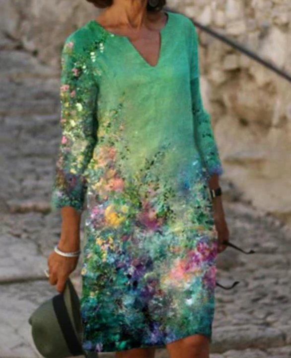 Women's Floral V-Neck Loose-Fit Green Midi Dress - Floral Green