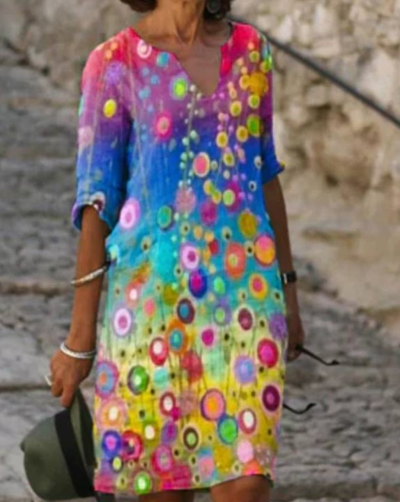 Women's Floral V-Neck Loose-Fit Green Midi Dress - Multicolor