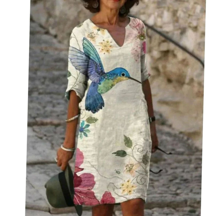Women's Floral V-Neck Loose-Fit Green Midi Dress - Beige