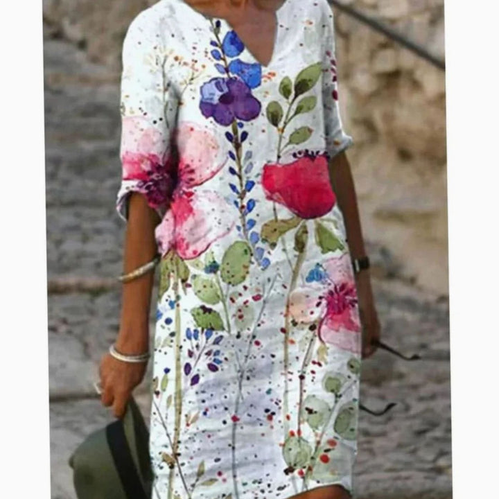 Women's Floral V-Neck Loose-Fit Green Midi Dress - White