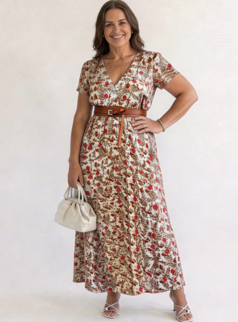 Women's Floral V-Neck Midi Dress Short Sleeve A-Line