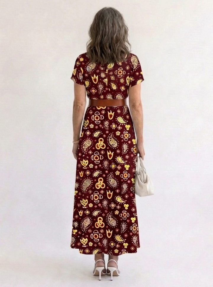 Women's Floral V-Neck Midi Dress Short Sleeve A-Line