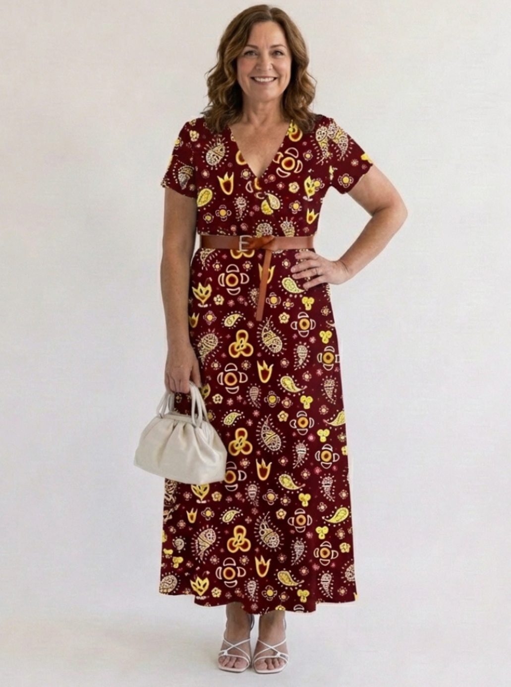 Women's Floral V-Neck Midi Dress Short Sleeve A-Line