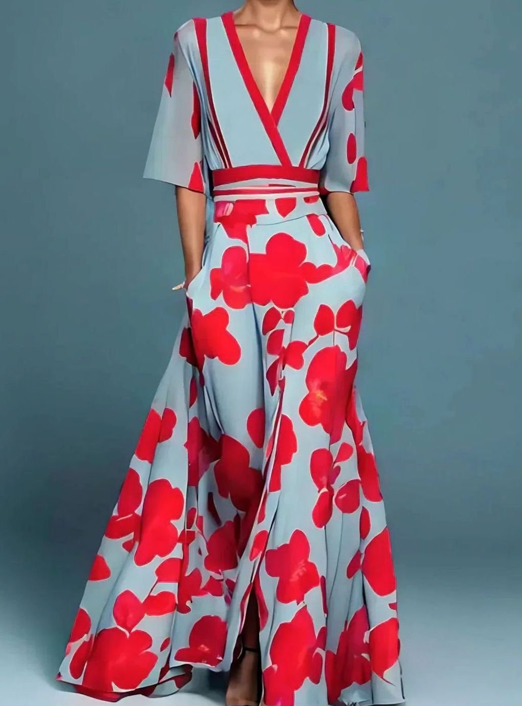 Women's Flowy Maxi Dress Bold Floral V-Neck Half-Sleeve Gown - Red