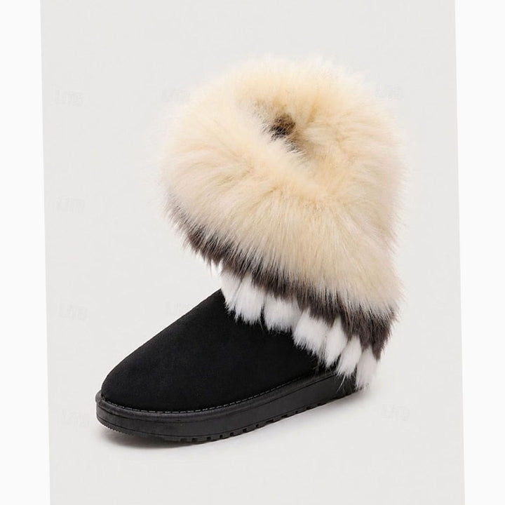 Women's Fluffy Fur-Trim Slip-On Winter Boots - Black / White