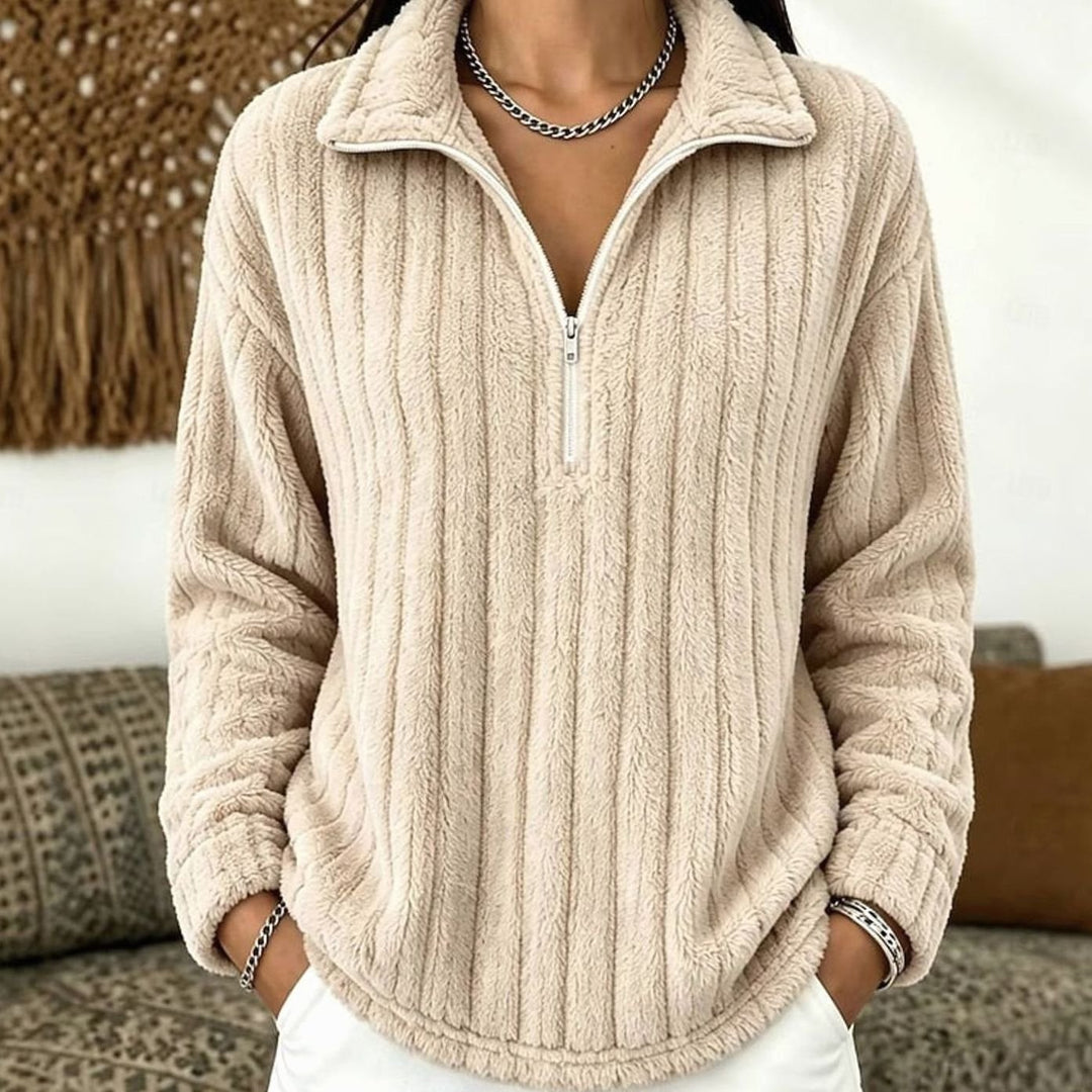Women's Fluffy Quarter-Zip Pullover Sweater Ribbed Fleece - Apricot