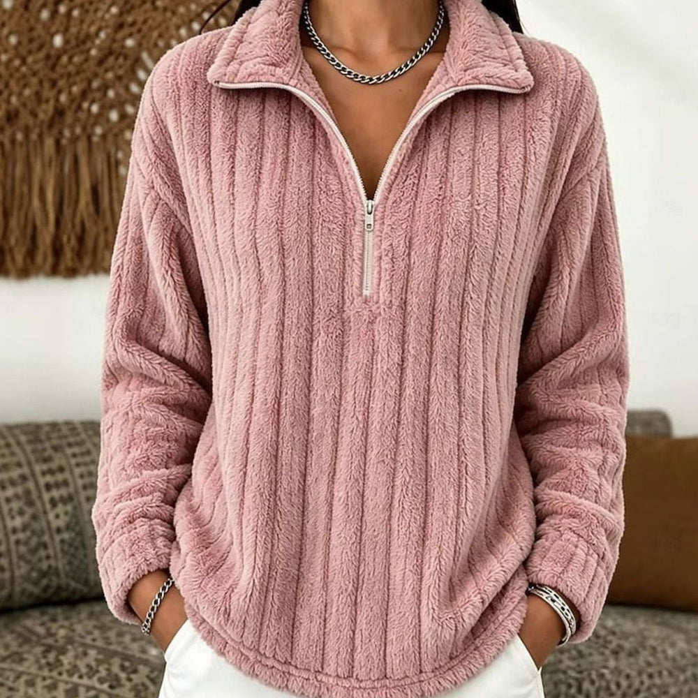 Women's Fluffy Quarter-Zip Pullover Sweater Ribbed Fleece - Pink