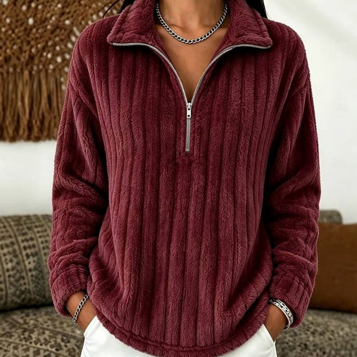 Women's Fluffy Quarter-Zip Pullover Sweater Ribbed Fleece - Red