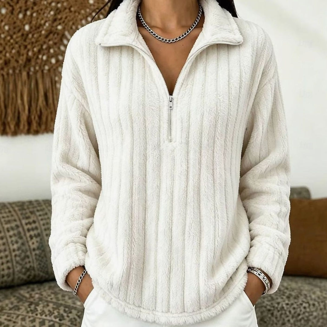 Women's Fluffy Quarter-Zip Pullover Sweater Ribbed Fleece - White