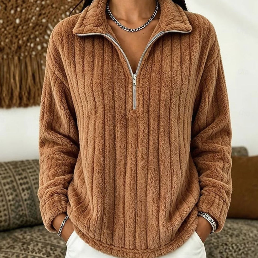 Women's Fluffy Quarter-Zip Pullover Sweater Ribbed Fleece - Light Brown