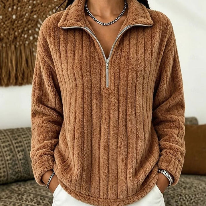 Women's Fluffy Quarter-Zip Pullover Sweater Ribbed Fleece - Light Brown