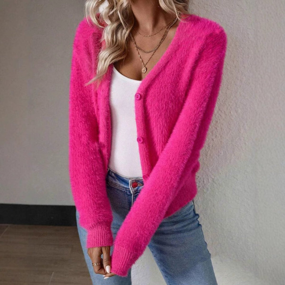 Women's Fluffy V-Neck Button-Front Knit Cardigan