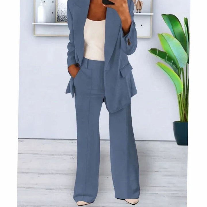 Women's Formal Blazer Suit Set Straight-Leg Pants Two-Piece - Denim Blue