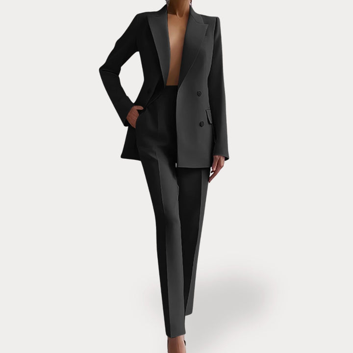 Women's Formal Double-Breasted Peak-Lapel Tailored Suit Set - Black